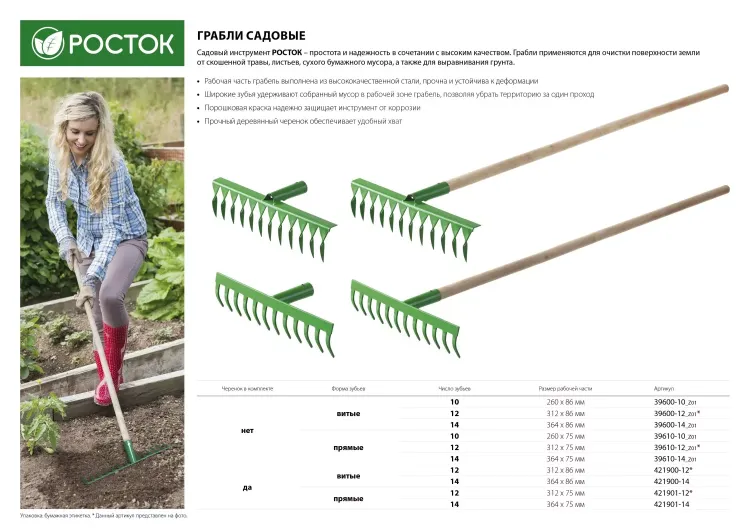 Грабли РОСТОК садовые с черенком, 14 прямых зубцов 421901-14 купить в Сургуте