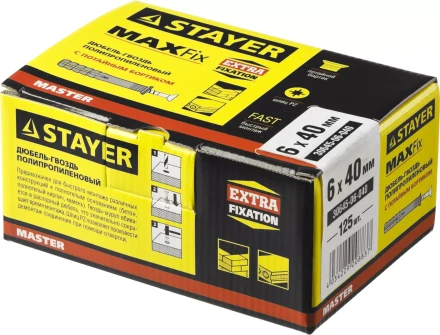 Дюбель-гвоздь полипропиленовый, потайный бортик, 6 x 40 мм, 125 шт, STAYER Master 30645-06-040 30645-06-040 купить в Сургуте