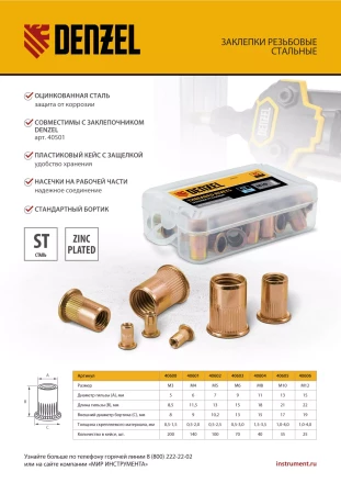 Заклепки резьбовые Denzel, стальные, оцинкованные, М12, пластиковый кейс, 25 шт., 40606 купить в Сургуте