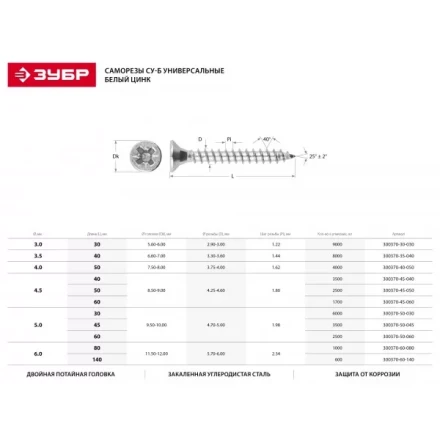 Саморезы СУ-Б универсальные, 50 x 4.5 мм, 2 500 шт, белый цинк, ЗУБР 300370-45-050 купить в Сургуте
