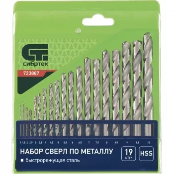 Набор сверл по металлу 1-10 мм через 0,5 мм HSS 19 штук ,пластик.коробка цил. хвостовик СИБРТЕХ 723887 купить в Сургуте