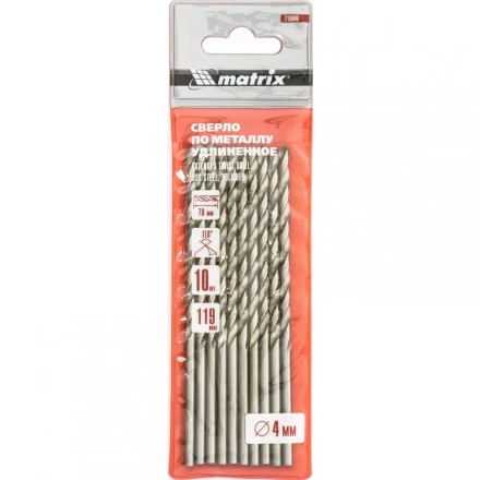 Сверло по металлу 4,0 х 119 мм полированное удлиненное HSS 10 штук цилиндрический хвостовик MATRIX 715040 купить в Сургуте