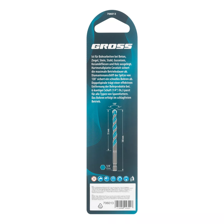 Сверло универсальное Gross, Multipurpose PRO, 6-гр. хвостовик, 8мм, 706013 купить в Сургуте