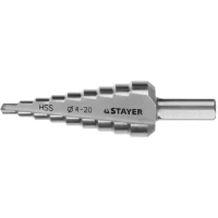 Сверло STAYER "MASTER" ступенчатое по сталям и цвет.мет., сталь HSS, d=4-20мм, 9ступ.d 4-20, L-75 мм,трехгран. хвост. 8мм 29660-4-20-9