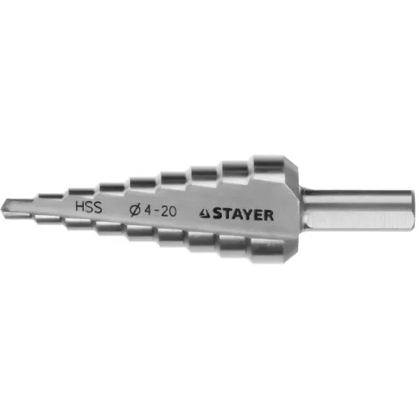 Сверло STAYER "MASTER" ступенчатое по сталям и цвет.мет., сталь HSS, d=4-20мм, 9ступ.d 4-20, L-75 мм,трехгран. хвост. 8мм 29660-4-20-9 купить в Сургуте