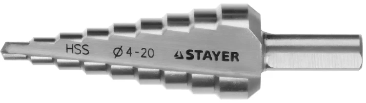 Сверло STAYER "MASTER" ступенчатое по сталям и цвет.мет., сталь HSS, d=4-20мм, 9ступ.d 4-20, L-75 мм,трехгран. хвост. 8мм 29660-4-20-9 купить в Сургуте