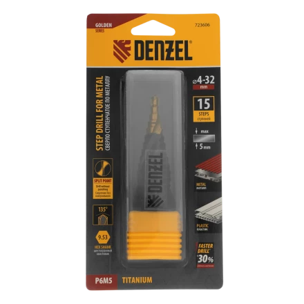 Сверло ступенчатое Denzel 723606, 4-6-8-10-12-14-16-18-20-22-24-26-28-30-32 мм, Р6М5, 6-гр. хвостовик купить в Сургуте