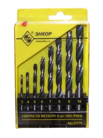 Набор сверл для металла HSS Ф3-10 мм 8 штук пластиковый футляр Энкор 21178 купить в Сургуте