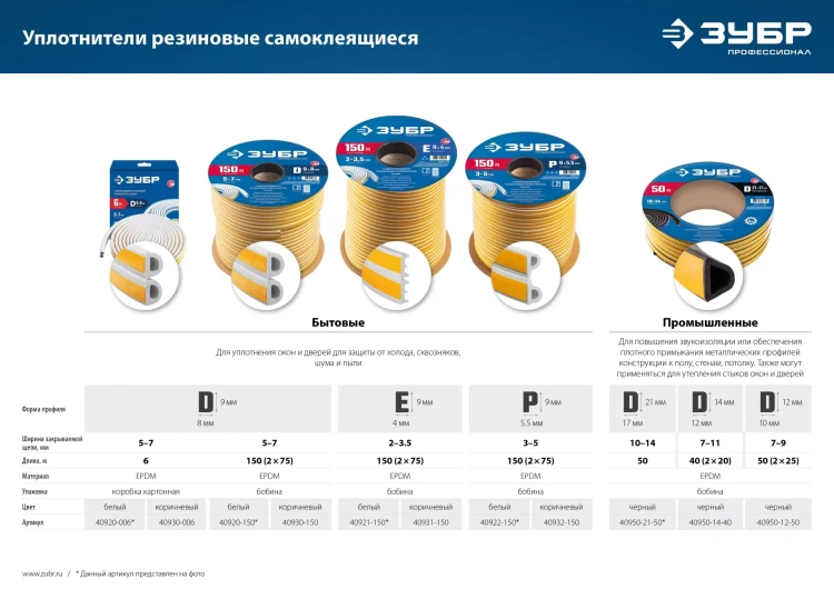 ЗУБР 150 м, E-профиль, размер 9 х 4 мм, коричневый, самоклеящийся резиновый уплотнитель, Профессионал (40931-150) купить в Сургуте