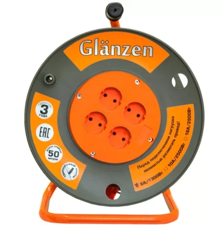 Удлинитель силовой на катушке GLANZEN 4 гн. ПВС 2х1,5 EB-50-006 купить в Сургуте