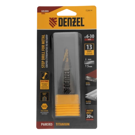 Сверло ступенчатое Denzel 723614, 6-8-10-12-14-16-18-20-22-24-26-28-30мм, Р6М5К5, 6-гр. хвостовик купить в Сургуте