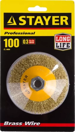 STAYER &quot;PROFESSIONAL&quot;. Щетка коническая для УШМ, витая стальная латунированная проволока 0,3мм, 100ммхМ14 35133-100 купить в Сургуте
