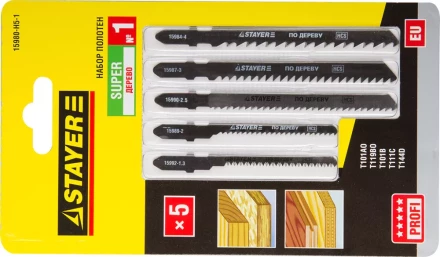 Набор STAYER &quot;PROFI&quot; Пилки &quot;УНИВЕРСАЛ №1&quot; для эл/лобзика, по дереву, EU-хвост., 5шт 15980-H5-1 купить в Сургуте