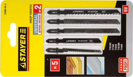 Набор STAYER &quot;PROFI&quot; Пилки &quot;УНИВЕРСАЛ №2&quot; для эл/лобзика, по дереву и металлу, EU-хвост., 5шт 15980-H5-2 купить в Сургуте