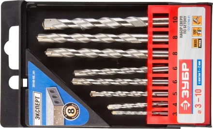 Набор ЗУБР Сверла по бетону ударные, 3-4-5-6-6-8-8-10 мм, пластиковый бокс, 8шт 29140-H8_z01 купить в Сургуте