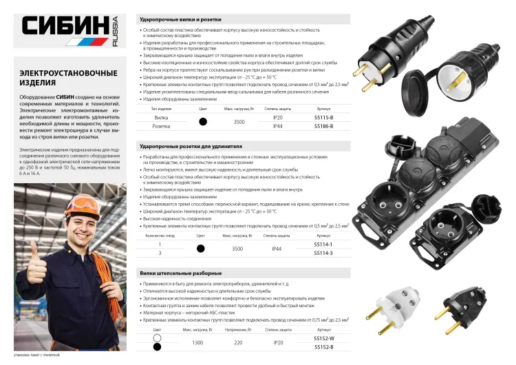 Розетка СИБИН электрическая ударопрочная, с заземлением, 16А/220В, IP44, черная 55186-B купить в Сургуте