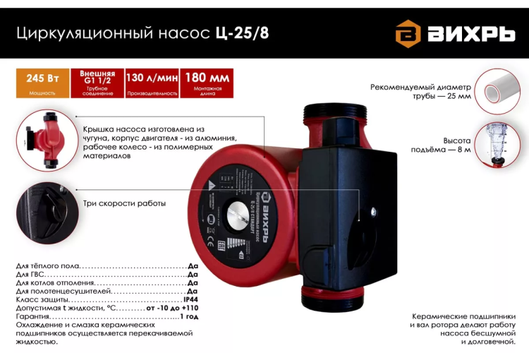 Циркуляционный насос Вихрь Ц-25/8 СТАНДАРТ 68/7/11 купить в Сургуте