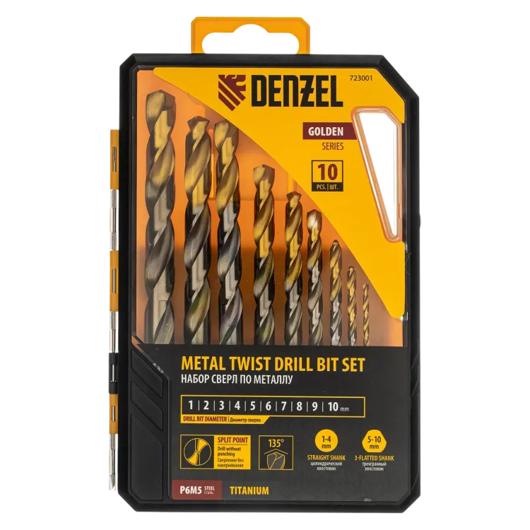 Набор сверл по металлу Denzel 723001, 1-10 мм, Р6М5-TiN, Golden Tip, 10 шт купить в Сургуте