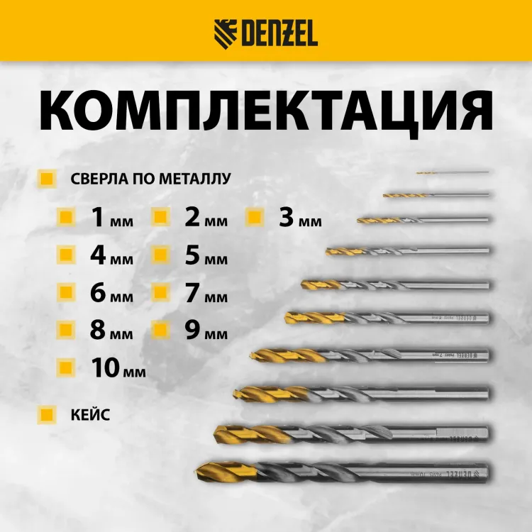 Набор сверл по металлу Denzel 723001, 1-10 мм, Р6М5-TiN, Golden Tip, 10 шт купить в Сургуте