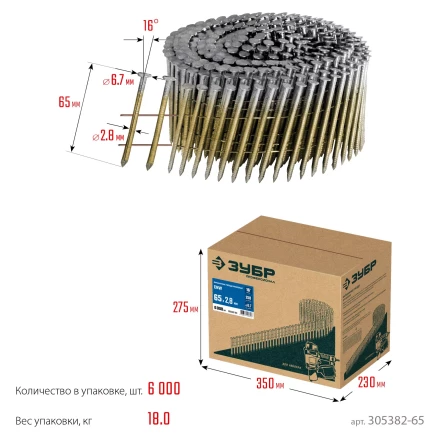 ЗУБР CNW 65 х 2.8 мм, барабанные гвозди рифленые, 6000 шт (305382-65) купить в Сургуте