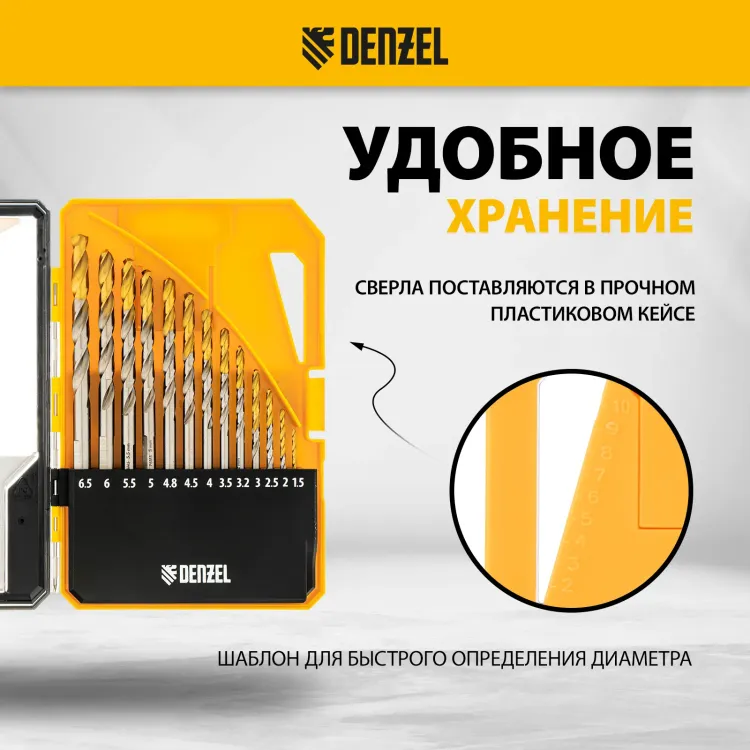 Набор сверл по металлу Denzel 723002, 1,5-6,5мм, Р6М5-TiN, Golden Tip, 13 шт купить в Сургуте