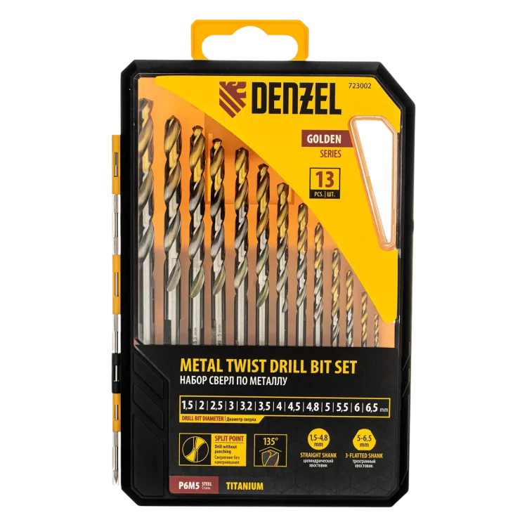 Набор сверл по металлу Denzel 723002, 1,5-6,5мм, Р6М5-TiN, Golden Tip, 13 шт купить в Сургуте