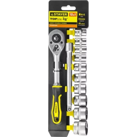 Набор STAYER &quot;STANDARD&quot;: Торцовые головки (3/8&quot;) на пластиковом рельсе, трещотка, удлинитель, 10-24мм, 12 предметов 27752-H12 купить в Сургуте