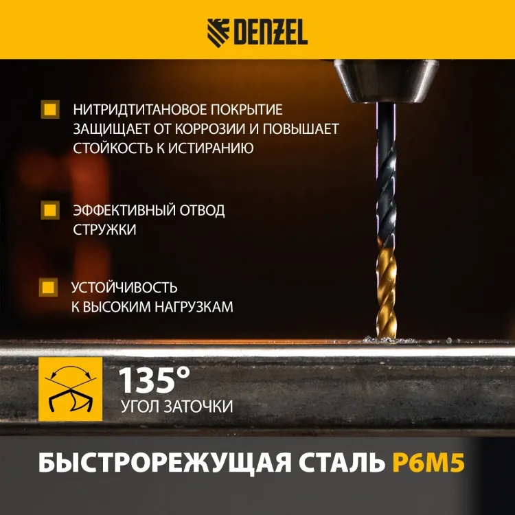 Набор сверл по металлу Denzel 723003, 1-10 мм, Р6М5-TiN, Golden Tip, 19 шт купить в Сургуте