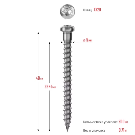 ЗУБР СПК, 40 х 5 мм, TX20, цинк, 200 шт, саморез для перфорированного крепежа, Профессионал (30061-50-40) купить в Сургуте