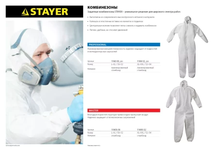 Комбинезон STAYER &quot;PROFESSIONAL&quot;, защитный из ламинированного спанбонда, 50-52 размер 1160-50_z01 купить в Сургуте