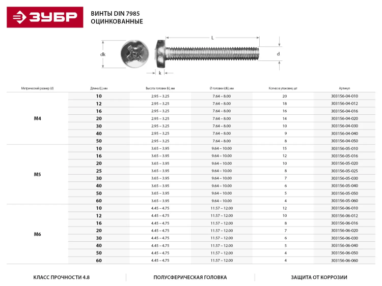 Винт DIN 7985 M4x30мм, 10шт, кл. пр. 4.8, оцинкованный, ЗУБР 303156-04-030 купить в Сургуте