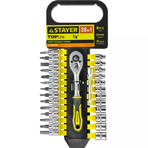 Набор STAYER "STANDARD": Торцовые головки, биты-головки (1/4") на пластик рельсе, трещотка, удл-тель, 4-13мм, 28 пр. 27754-H28 купить в Сургуте