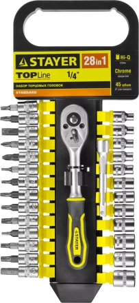 Набор STAYER &quot;STANDARD&quot;: Торцовые головки, биты-головки (1/4&quot;) на пластик рельсе, трещотка, удл-тель, 4-13мм, 28 пр. 27754-H28 купить в Сургуте