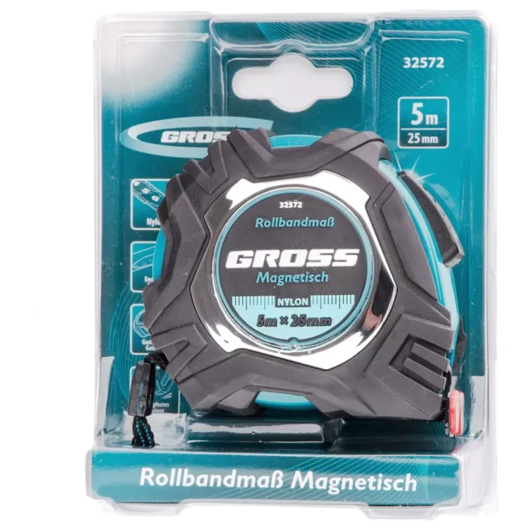 Рулетка Magnetisch 5 м х 25 мм обрезиненный корпус автоматическая фиксация Нейлоновое покрытиеытие зацеп с магнитом Gross 32572 купить в Сургуте
