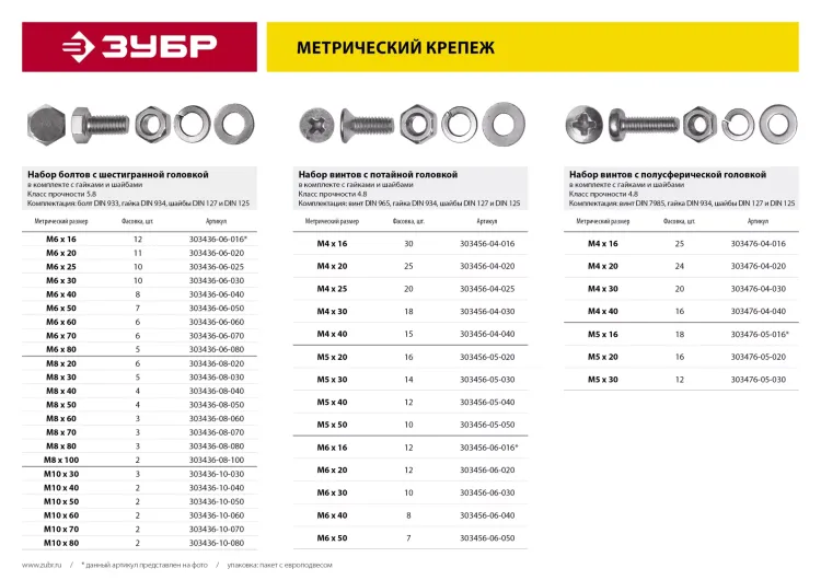 Винт (DIN965) в комплекте с гайкой (DIN934), шайбой (DIN125), шайбой пруж. (DIN127), M4 x 20 мм, 25 шт, ЗУБР 303456-04-020 купить в Сургуте