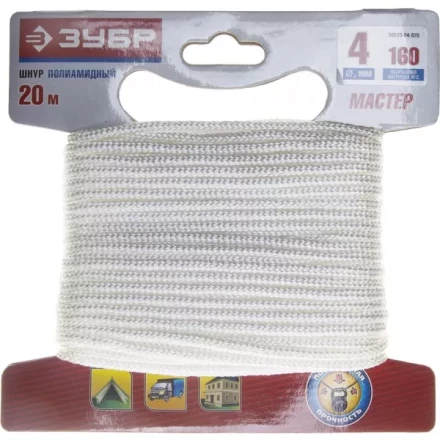 Шнур ЗУБР полиамидный, плетеный, повышенной нагрузки, без сердечника, белый, d 4, 20м 50320-04-020 купить в Сургуте