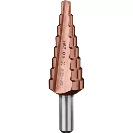 Сверло ЗУБР &quot;КОБАЛЬТ&quot; ступен. по сталям и цв.мет.ст.Р6М5 с кобальт.покрыт.d6-20мм, 8ступ.d6-20,L-75мм, трехгран.хв. 8мм 29672-6-20-8 купить в Сургуте