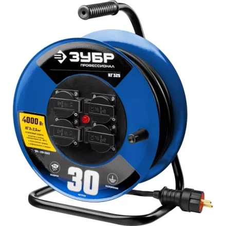 Удлинитель на катушке &quot;КГ 325&quot;, 30 м, 4000 Вт, 4 гнезда, IP44, КГ 3х2,5 кв мм, ЗУБР 55079-30 купить в Сургуте