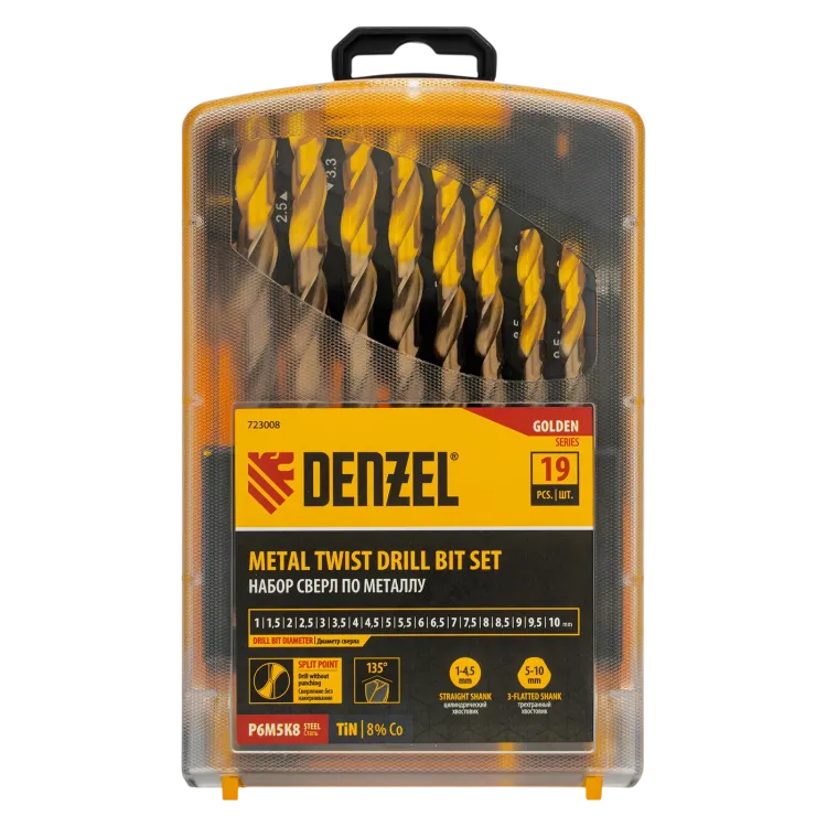 Набор сверл по металлу Denzel 723008, 1-10 мм, Р6М5К8-TiN, Golden Tip, 19 шт купить в Сургуте