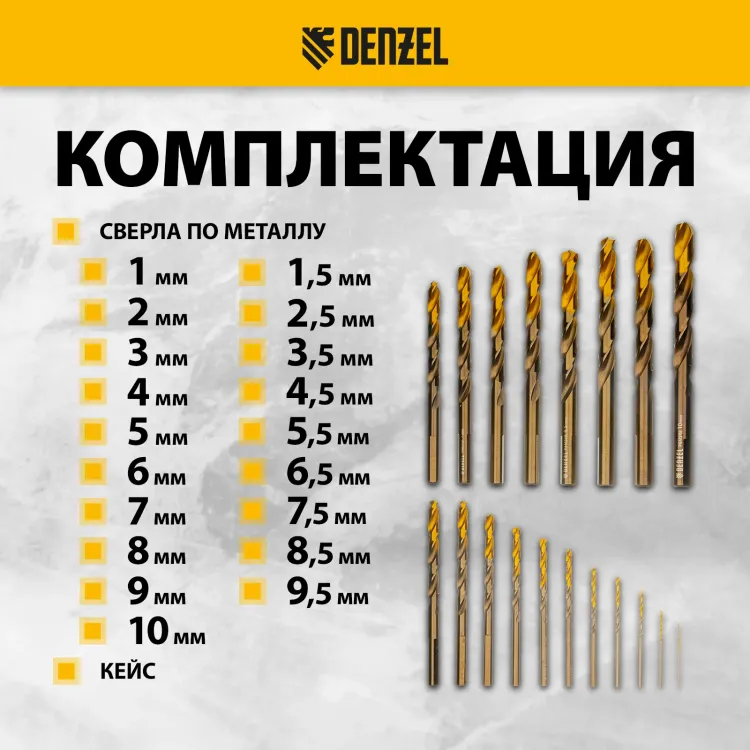 Набор сверл по металлу Denzel 723008, 1-10 мм, Р6М5К8-TiN, Golden Tip, 19 шт купить в Сургуте