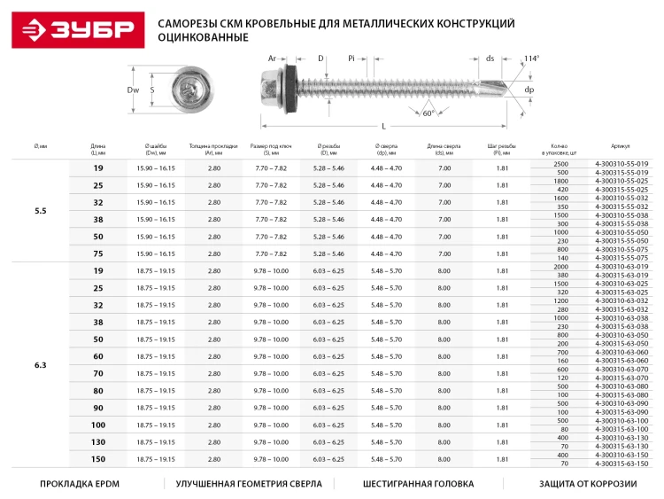 Саморезы ЗУБР окраш., RAL 5009 небесно-голуб., для крепл. кров. матер. к дерев. обреш., 4.8x80мм, 140шт 4-300315-48-080-5009 купить в Сургуте