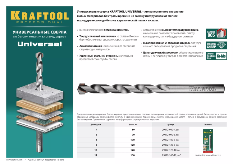 Сверло "UNIVERSAL" по бетону, металлу, дереву, KRAFTOOL PROFESSIONAL 29172-090-5, 5 х 90 мм 29172-090-5_z01 купить в Сургуте
