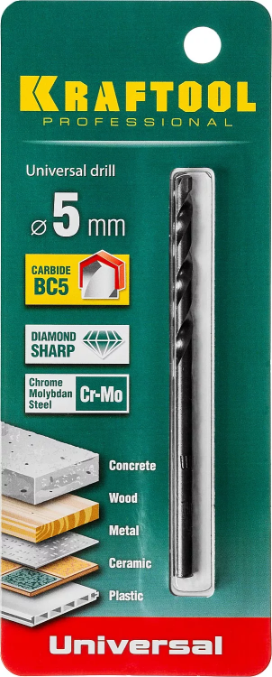 Сверло "UNIVERSAL" по бетону, металлу, дереву, KRAFTOOL PROFESSIONAL 29172-090-5, 5 х 90 мм 29172-090-5_z01 купить в Сургуте