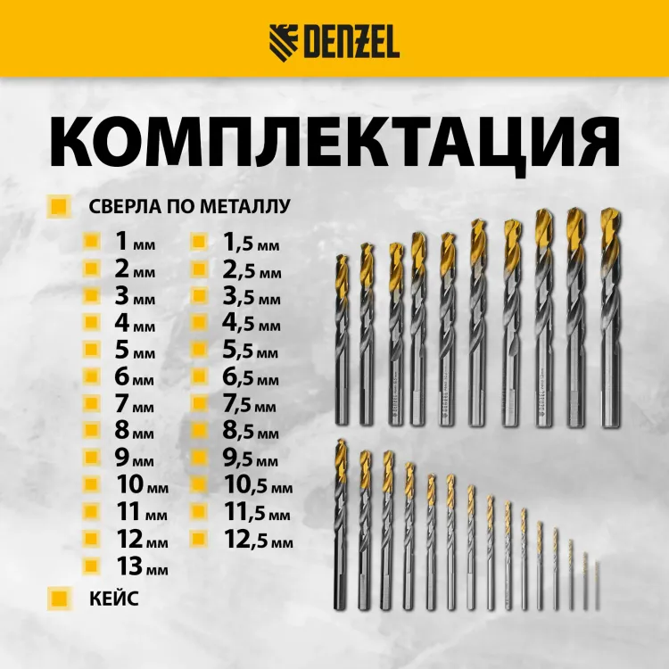 Набор сверл по металлу Denzel 723009, 1-13 мм, Р6М5-TiN, Golden Tip, 25 шт купить в Сургуте