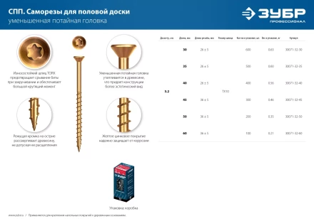 ЗУБР СПП, 35 х 3.2 мм, TX10, цинк, 500 шт, саморез для половой доски и паркета, Профессионал (30071-32-35) купить в Сургуте