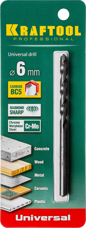 Сверло "UNIVERSAL" по бетону, металлу, дереву, KRAFTOOL PROFESSIONAL 29172-100-6, 6 х 100 мм 29172-100-6_z01 купить в Сургуте