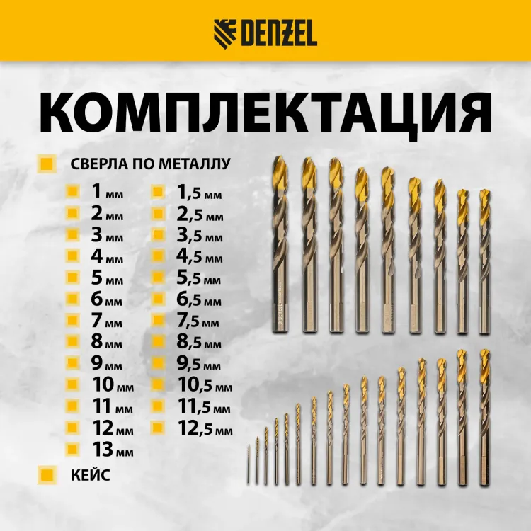 Набор сверл по металлу Denzel 723010, 1-13 мм, Р6М5К8-TiN, Golden Tip, 25 шт купить в Сургуте