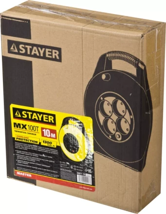 Удлинитель на катушке &quot;MX100T&quot;, 10 м, 4 гнезда, ПВС 2x0,75 кв мм, 1300 Вт, STAYER 55071-10 купить в Сургуте