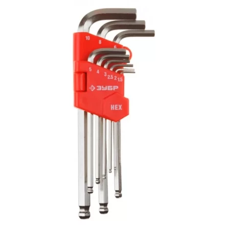 Набор ЗУБР Ключи &quot;МАСТЕР&quot; имбусовые длинные с шариком, Cr-V, сатинир. покрытие, пластик. держатель, HEX 1,5-10мм, 9 пред 27461-2_z02 купить в Сургуте